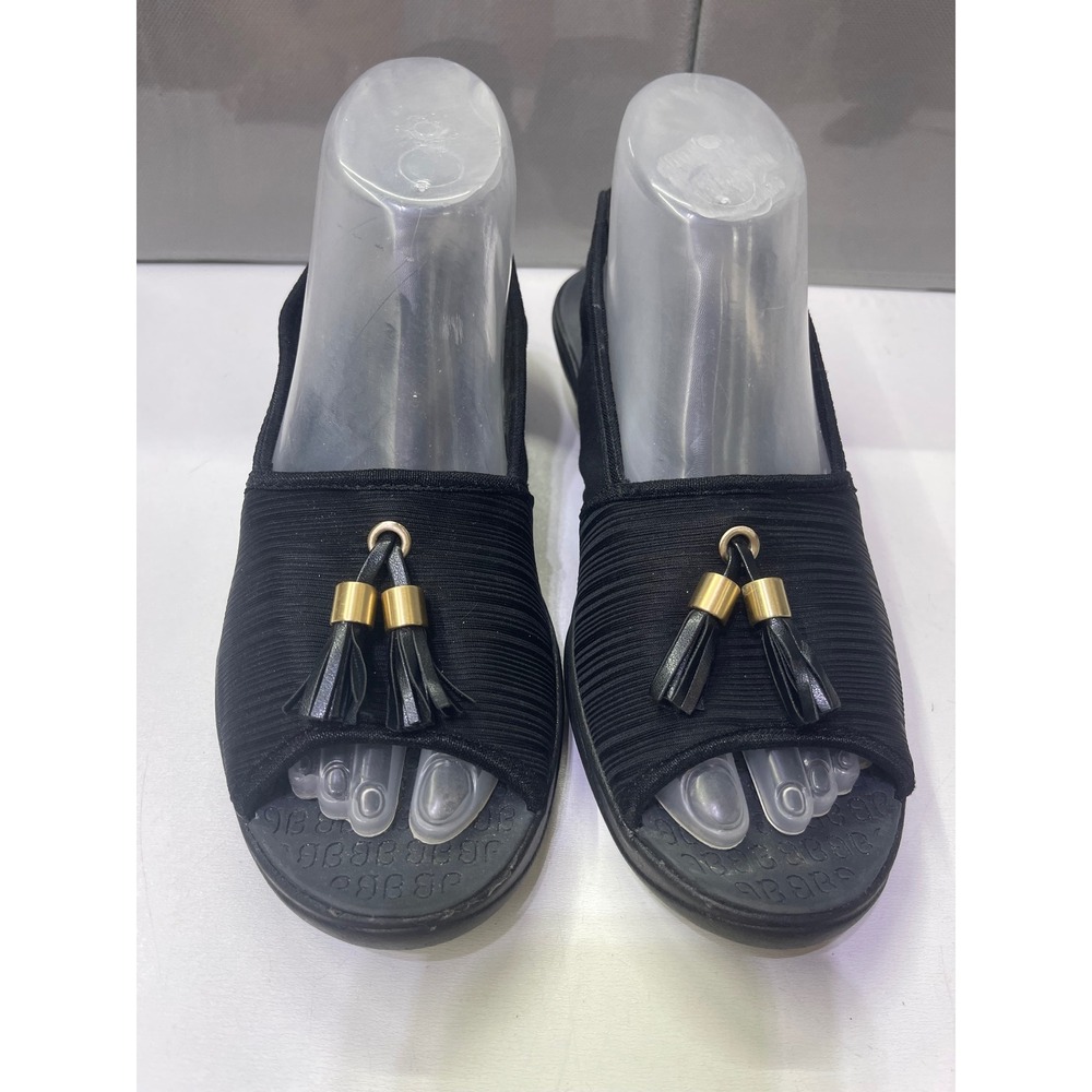 Bzees Mirage Black Tassel Slingback Wedge Sandals Womens 8.5M Stretch Fabric